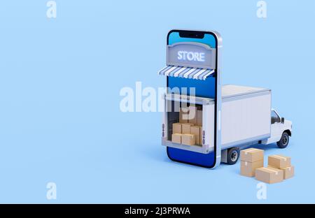 Online-Shopping auf dem Handy Anwendungskonzept. Werbeaktion für digitales Marketing. 3D Smartphone mit Lieferwagen. Stockfoto