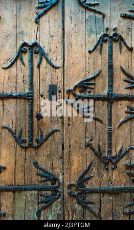 Alte Holztür mit Metallverstärkungen Stockfoto