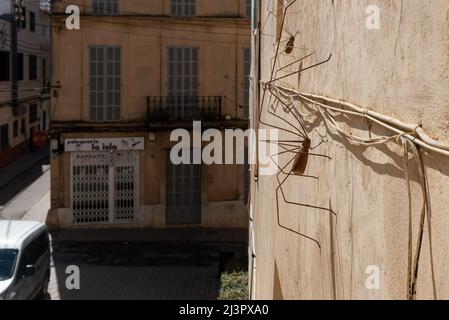 Felanitx, Spanien; april 07 2022: Eisenskulptur, die eine Spinne simuliert, die eine Wand klettert. Felanitx, Insel Mallorca, Spanien Stockfoto