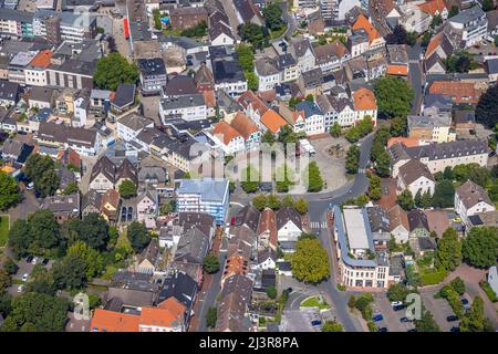 Luftaufnahme, Innenstadt mit altem Markt und Telgmann-Brunnen im Kreis Kolonie Tannenberg, Kamen, Ruhrgebiet, Nordrhein-Westfalen, Deutschland, Stockfoto