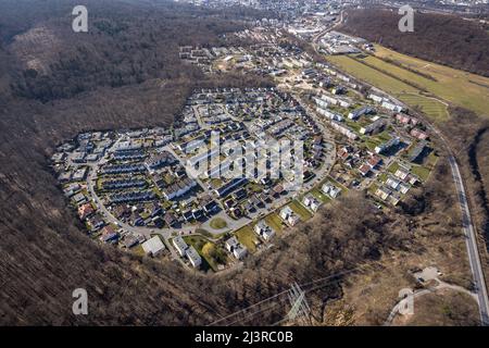 Luftaufnahme, Wohngebiet Moosfelder Bogen und Moosfelder Ring am Waldrand in Neheim, Arnsberg, Sauerland, Nordrhein-Westfalen, Ge Stockfoto