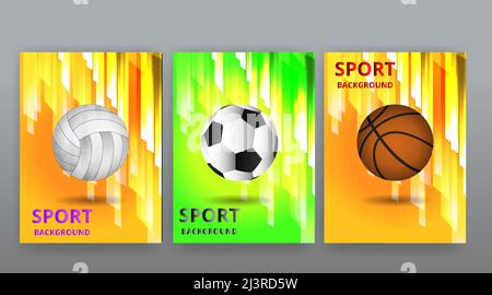 Sportgeräte Hintergrund, Ballsport, Basketball, Fußball, Fußball, Tischtennis, Tennis, Tischtennis, Stopper, Baseballspiele, Volleyball. Poster-Set, f Stock Vektor