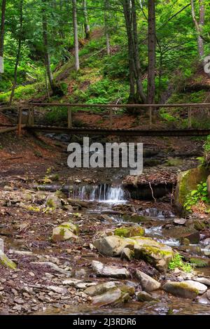 Holzbrücke über den Bach. Schöne Naturlandschaft im Wald des Naturparks. Wasser fließt zwischen den Felsen an einem warmen Sommertag. Weg zum Wasserf Stockfoto