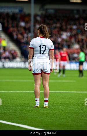 England Gegen Wales Six Nations Gloucester 9. April 2022. Helena Rowland aus England gesehen während des Spiels der TikTok Women's Six Nations Rugby Championship, England Red Roses vs Wales Rugby im Kingsholm Stadium Gloucester Stockfoto