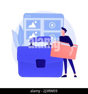 Portfoliomanagement. Frühere Projekte Beispiele, Werkkatalog, Präsentation der Fähigkeiten. Erfolgreiche Grafik-Designer, Web-Entwickler Cartoon-Charakter. Vec Stock Vektor