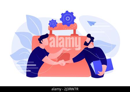 Zwei Geschäftspartner schütteln die Hände und eine große Aktentasche. Partnerschaft und Vereinbarung, Kooperation und Deal abgeschlossenes Konzept auf weißem Hintergrund. Rosig Stock Vektor