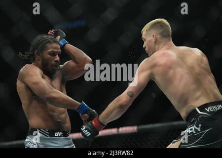 JACKSONVILLE, FL - 9. APRIL: (R-L) Ian Garry schlägt Darian Weeks in ihrem Weltgewichtskampf während des UFC 273 Events in der Vystar Memorial Arena am 9. April 2022 in Jacksonville, Florida, USA. (Foto von Louis Grasse/PxImages) Credit: Px Images/Alamy Live News Stockfoto