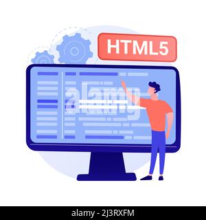 HTML5-Programmierung. Internet-Website-Entwicklung, Web-Anwendung Engineering, Skript schreiben. HTML-Code-Optimierung, Programmierer Fehler beheben. Vektor i Stock Vektor