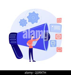 Werbeaktion. Cartoon Mann mit Lautsprecher stehend. Werbung, Werbung, Propaganda. Journalist flache Zeichen auf weißem Hintergrund. Vektorisolierung Stock Vektor