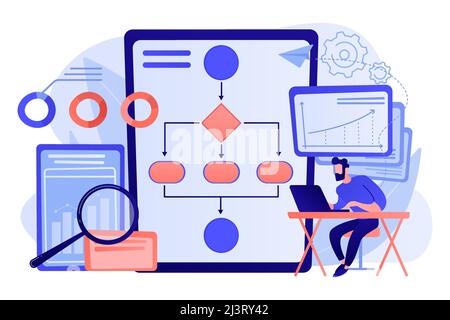 Analyst, der mit dem Automatisierungsprozess am Laptop arbeitet. Automatisierung von Geschäftsprozessen, Workflow von Geschäftsprozessen, automatisiertes Geschäftssystem-Konzept. Pinkfarbenes Dekor Stock Vektor