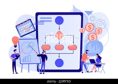 Geschäftsleute arbeiten mit Verbesserungsplänen und -Diagrammen. Geschäftsprozessmanagement, Visualisierung von Geschäftsprozessen, IT-Business-Analyse-Konzept. Rosa Stock Vektor