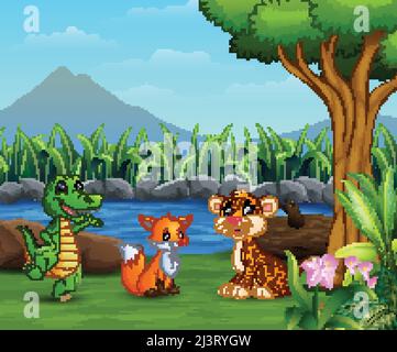 Wilde Tiere spielen auf der schönen Landschaft Stock Vektor