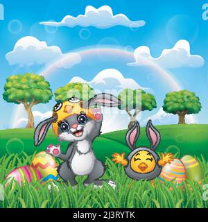 Fröhliche Kaninchen- und Hühnchen-Karikatur in Kostüm mit osterei Stock Vektor