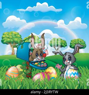 Cartoon frohe ostern mit Hasen auf der Natur Stock Vektor