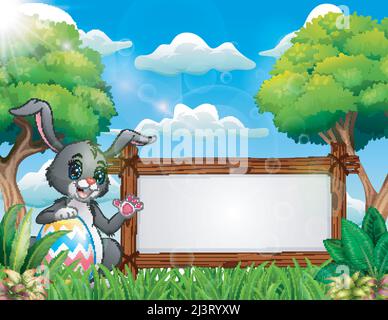 Osterhase, der ein großes Ei in der Nähe eines leeren Schildes hält Stock Vektor