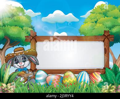 Osterhase spielt Gitarre bei leerem Schild und osterei Stock Vektor