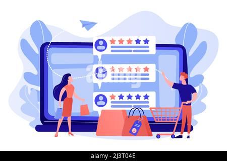 Tiny People Kunden bewerten online mit Reputations-System-Programm. Reputations-System des Verkäufers, Produkt mit der besten Bewertung, Konzept für die Bewertung von Kundenfeedback. Rosa Stock Vektor