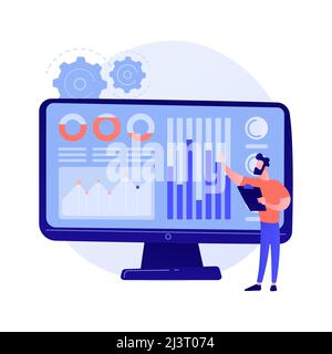 Rechenzentrum für soziale Medien. SMM-Statistiken, digitale Marketingforschung, Markttrends-Analyse. Expertin studiert Online-Umfrageergebnisse. Vektor isoliert Stock Vektor