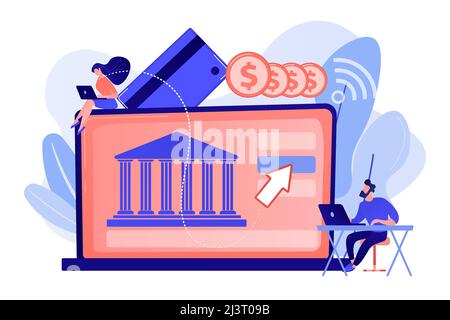 Kleine Menschen mit Laptop und digitaler Finanztransformation. Offene Banking-Plattform, Online-Banking-System, digitales Finanztransformationskonzept. Pi Stock Vektor