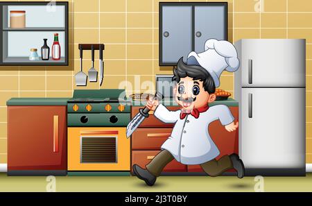 Cartoon-Koch läuft mit einem Messer in der Küche Stock Vektor