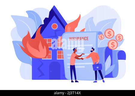 Brennendes Haus, brennendes Gebäude. Flache Zeichen für Versicherungsvertreter und Kunden. Brandversicherung, brandwirtschaftliche Schäden, schützen Ihr Sachkonzept. Pinki Stock Vektor