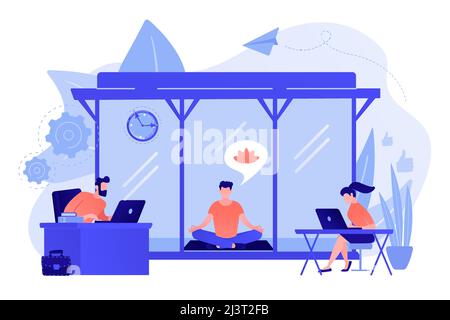 Geschäftsleute, die im Büro an Laptops arbeiten, mit Meditations- und Entspannungsbereich. Büro Meditationsraum, Meditationskapsel, Büro entspannender Ort Konzept. Pi Stock Vektor