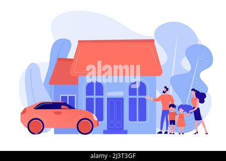 Glückliche Eltern mit Kindern und Einfamilienhaus. Einfamilienhaus, Einfamilienhaus, Einfamilienhaus und Einfamilienhaus Konzept. Pinkis Stock Vektor