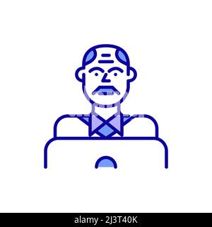 Mann mittleren Alters, der an einem Laptop arbeitet. Pixel-perfektes, bearbeitbares Symbol für Konturfarbe Stock Vektor