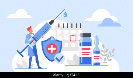 Impfzeit im medizinischen Kalender Vektordarstellung. Cartoon-Arzt mit Impfspritze zum Impfen und Schutz vor Viren. Globale Immunisierung, Gesundheitsschutz, Medizinkonzept Stock Vektor