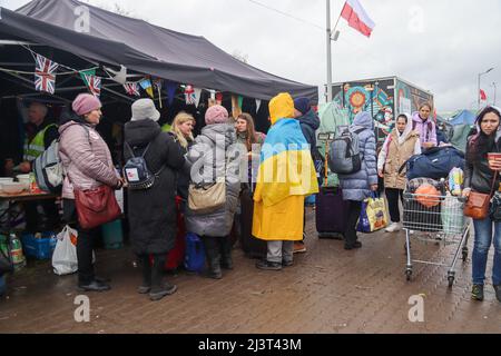 Medyka, Polen. 8. April 2022. Ukrainer Flüchtlinge, die vor Putins Terror fliehen, kommen gestresst, müde und kalt im eisigen Regen im Medyka Border Camp in Polen an. (Bild: © Amy Katz/ZUMA Press Wire) Stockfoto