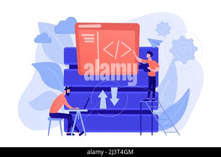 Zwei Entwickler, die mit Big-Data-Technologie arbeiten. Big-Data-Management und -Speicherung, Datenbankanalyse und -Design, Data-Software-Engineering-Konzept. Ve Stock Vektor