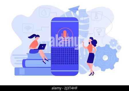 Zwei weibliche Nutzer und Smart-Home-Assistentin. Smart Home Office Hauptkontrollzentrum. IoT-Technologie, sprachgesteuerter Assistent Überwachung Hauskonzept Stock Vektor