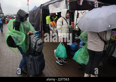 Medyka, Polen. 8. April 2022. Ukrainer Flüchtlinge, die vor Putins Terror fliehen, kommen gestresst, müde und kalt im eisigen Regen im Medyka Border Camp in Polen an. (Bild: © Amy Katz/ZUMA Press Wire) Stockfoto