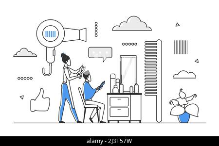 Schönheitssalon. Mann mit Haarschnitt und Haarpflege in professionellen Friseur-Shop Vektor monocolor Illustration Stock Vektor