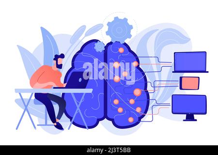 Gehirn mit digitaler Schaltung und Programmierer mit Laptop. Maschinelles Lernen, künstliche Intelligenz, digitales Gehirn und künstliches Denken concep Stock Vektor