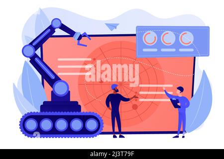 Soldaten am Radar planen, Roboter für militärische Aktionen zu verwenden. Militärische Robotik, automatisierte Armeemaschinen, militärische Robotertechnologien Konzept. Pinkis Stock Vektor