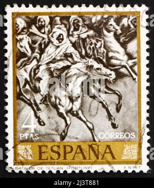 SPANIEN - UM 1968: Eine in Spanien gedruckte Marke zeigt Schlacht von Tetuan 1860, Gemälde von Mariano Fortuny, um 1968 Stockfoto