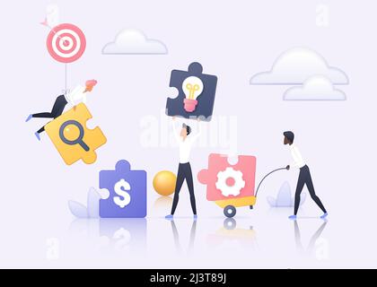 Zusammenarbeit von Geschäftspartnern. Winziges Team von Menschen halten Puzzleteile zu verbinden und neue Ideen zu finden, um zusammen zu arbeiten und Ziele flache Vektor-Illustration zu erreichen. Zusammenarbeit, Konzept der Einheit Stock Vektor