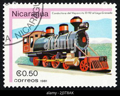 NICARAGUA - UM 1981: Eine in Nicaragua gedruckte Marke zeigt Vaporcito 93, Steam Locomotive, um 1981 Stockfoto