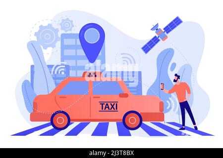 Geschäftsmann mit Smartphone, der ein fahrerloses Taxi mit Sensoren und Positionsnadel nimmt. Autonomes Taxi, selbstfahrendes Taxi, On-Demand-Car-Service-Konzept. P Stock Vektor