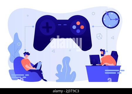 Kleine Leute Gamer spielen Online-Videospiel, riesigen Joystick und Uhr. Gaming-Störung, Video-Gaming-sucht, verringerte Aufmerksamkeitsspanne Konzept. Rosa Stock Vektor
