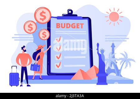 Paar planen Flitterwochen Urlaub, wählen Reise Ziel flache Zeichen. Ferienfonds, Sommerausgaben Plan, Urlaub Budget Plan Konzept. Pinki Stock Vektor