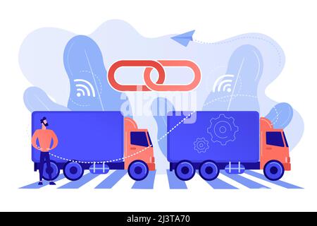 LKWs, die mit Verbindungstechnologien an den Zug angeschlossen sind. LKW-Platooning, autonom fahrende Lkw, modernes Logistiktechnikkonzept. Pinkis Stock Vektor