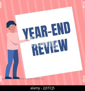 Handschriftentext Year End Review. Word for Year End Review man Standing Drawing Holding präsentiert riesiges unbeschrifttes Papier. Stockfoto