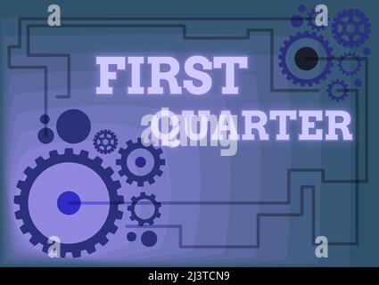 Handschrift Text erstes Quartal. Geschäftsidee eine der vier Hauptphasen des Mondes Illustration der mechanischen Zahnräder, die mit jedem verbunden sind Stockfoto