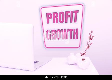 Zeichen mit Gewinnwachstum. Geschäftsüberblick Ziele Wechselbeziehung der Gesamtumsätze Marktanteile Tidy Workspace Setup, Schreibtischtools Stockfoto