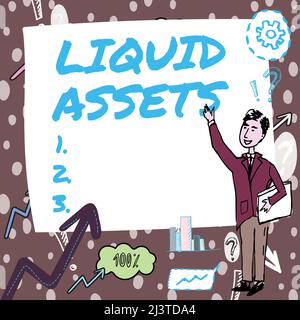 Textüberschrift mit flüssigen Ressourcen. Geschäftsansatz Cash- und Bankguthaben Marktliquidität abgeleitete Aktien Gentleman Drawing Standing Pointing Stockfoto