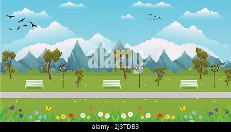 Einfache Landschaft des Parks mit Bäumen und Bank, Blumen, Wolken, Vögel, Straße, Hintergrund, Vektorgrafik in flacher Ausführung. Stock Vektor