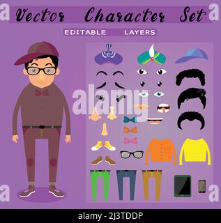 Frontansicht animierte Figuren. Männliche Schüler Kreation Set mit verschiedenen Frisuren, Gesichtsemotionen, Beine, Augenbraue, Nase, Und Gesten. Cartoon-Stil. Stock Vektor