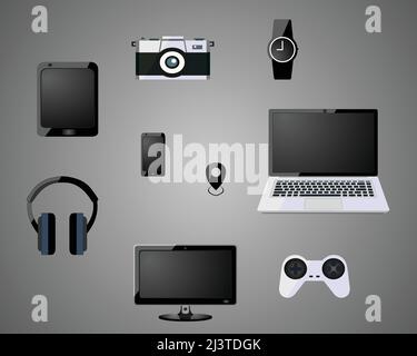 Elektronische Geräte mit leeren Bildschirmen. Desktop-Computer, Tablet-pc, Laptop, Smartphone, Kamera, Kopfhörer, Smartwatch, LED, Gamepad Flat-Design Stock Vektor